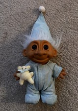 Vintage Russ Bedtime Troll Doll - Blue Striped Pajamas, Nightcap, and Bear 8.5