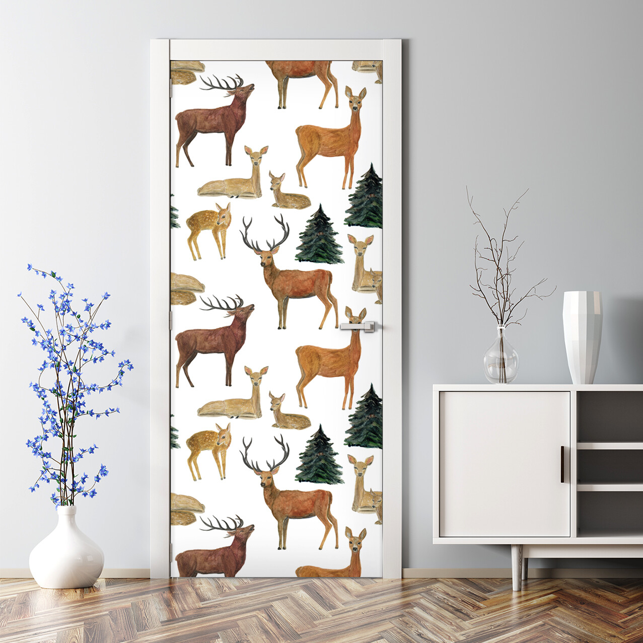 Brown and White Forest Deer Bubble-Free Self-Adhesive Door Sticker for Home Decor
