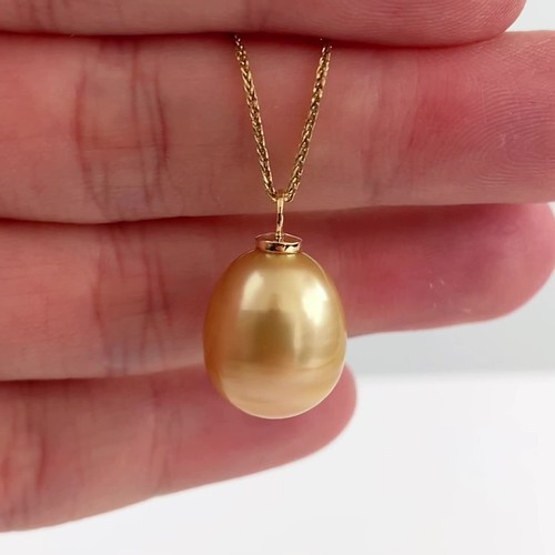 Big~ 12.9×15mm Rich Golden South Sea Pearl Pendant 18K Solid Yellow Gold - Video 1 of 1