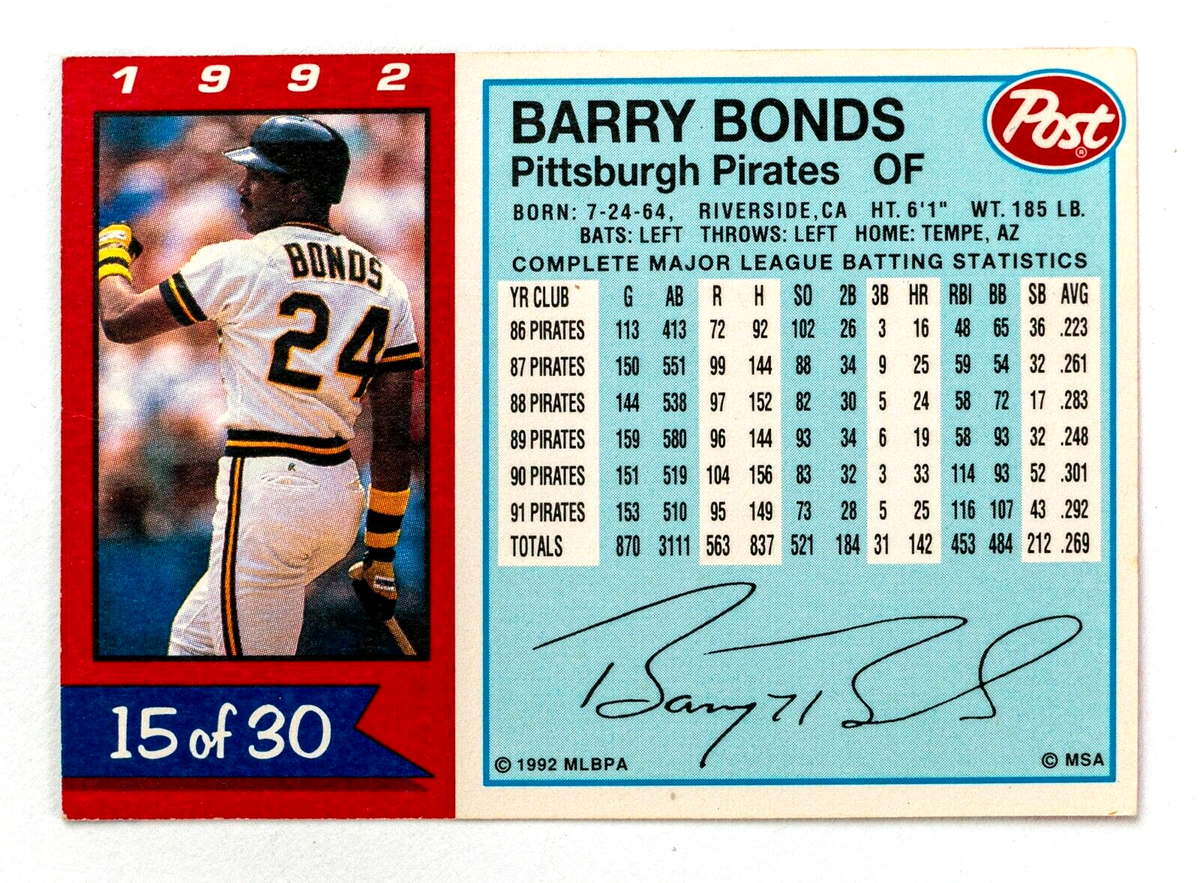 Barry Bonds #15 (1992 Post Collectors Series) Baseball Card