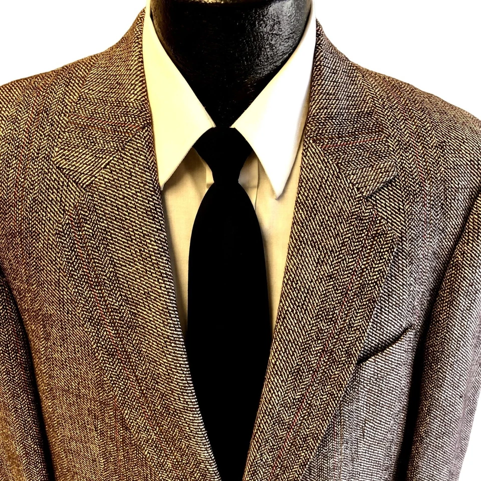 Vtg 60's Bespoke Brown HERRINGBONE Sport Coat Pink OVERCHECK Jacket SILK Blazer - Image 2 of 4