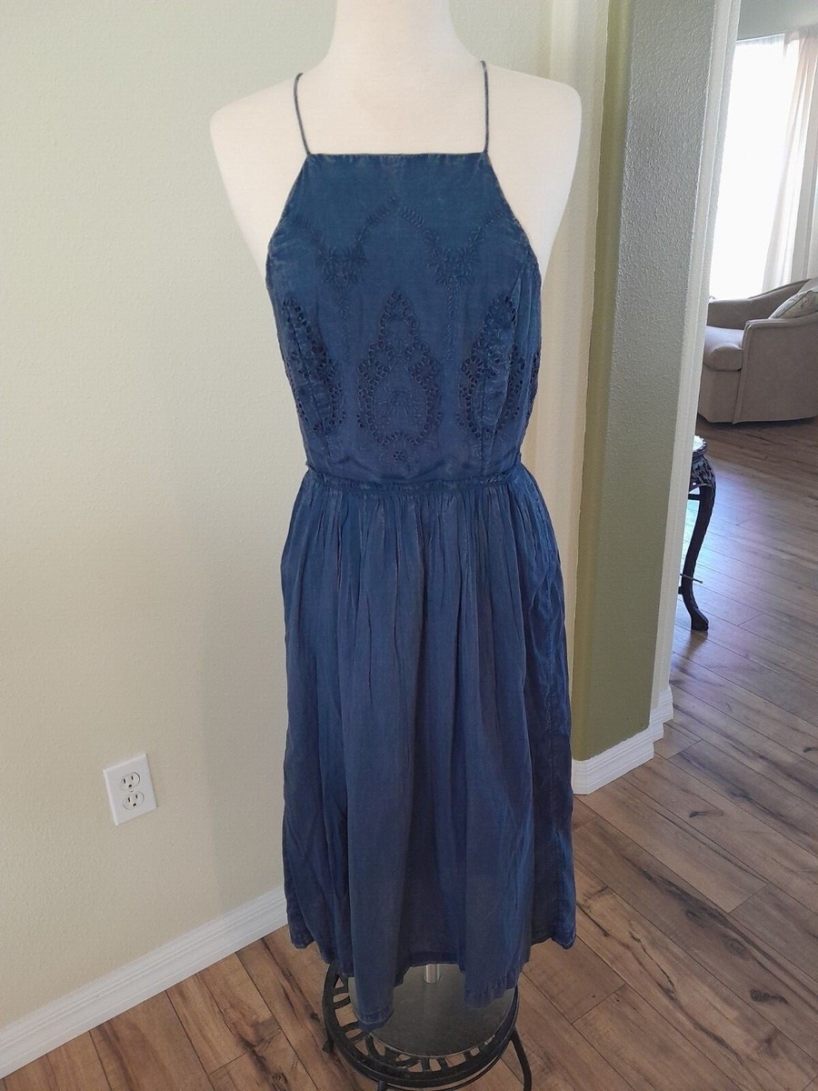 Lucky Brand Washed Denim CrissCross Strap Midi Dress Small Blue