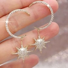 Sparkling Celestial Crescent Moon  Star Gold CZ Rhinestone Dangle Earrings NEW