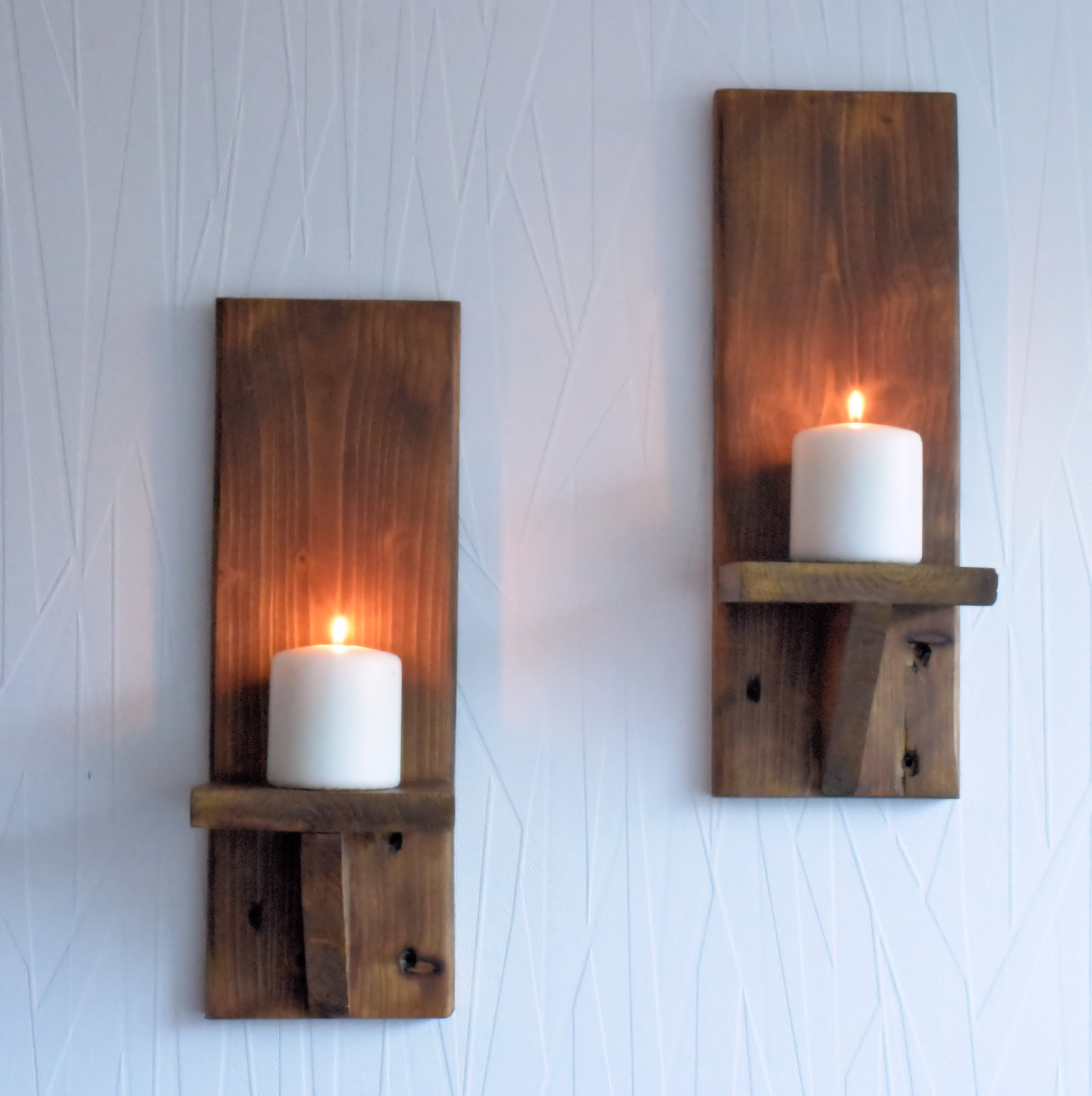 Reclaimed Pair Of 38cm Rustic Wood Wall Sconce Led Candle Holders 38cm