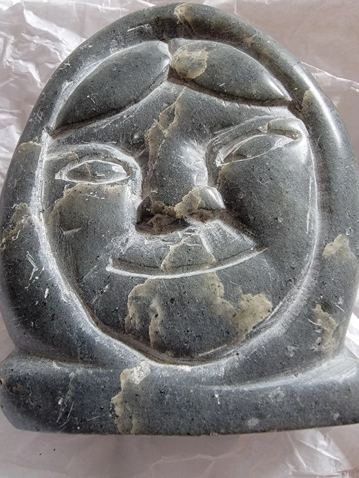 复古因纽特人爱斯基摩人雕刻皂石雕塑脸签名 3 x 4 加拿大 * 缺点 — 第 3/4 张图片