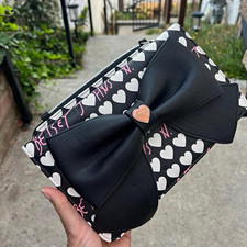 Betsey Johnson Women’s Heart Print Zip-Around Bow Clutch Wallet Black Multi
