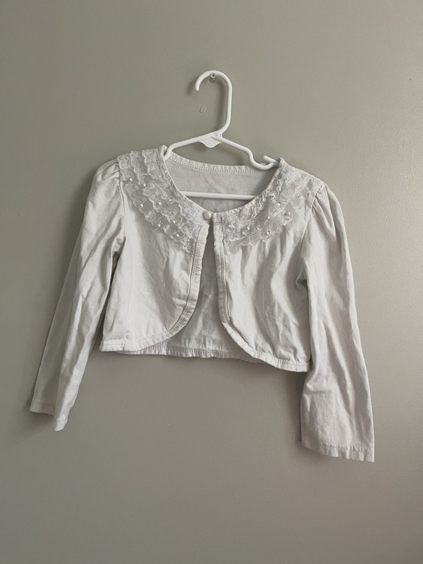 Girls White Bolero Cardigan Lace Trim Pearl Button Long Sleeve Size 120
