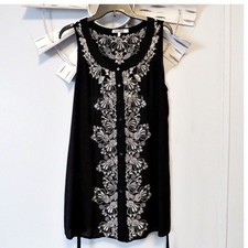 Mono Reno Black Embroidered Boho Floral Tunic Mini Dress Size Large