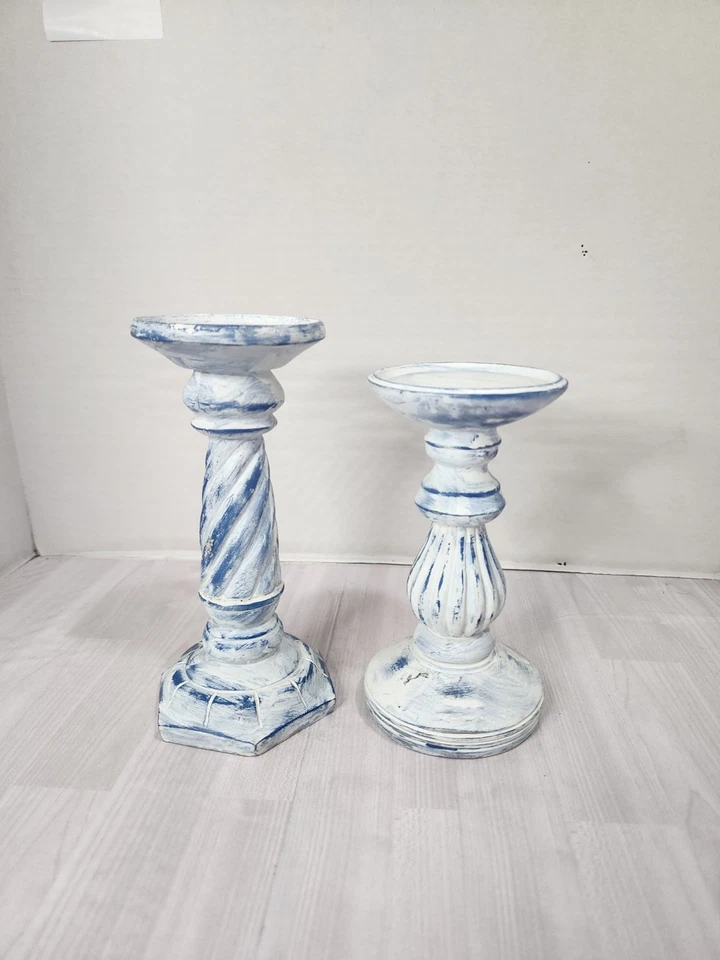 Juego de 2 pilares de velas francesas Shabby Chic Country azul blanco SOLO USADOS EN EXCELENTE ESTADO Foto 3 de 4