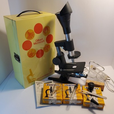 Vintage Gilbert Microcraft Microscope M8131 in Original Metal Box WITH 18 SLIDES