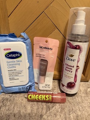 Cetaphil Cloths + MCoBeauty Mini Peptide Lip + Dove Mist + NYX Cheeks Tint