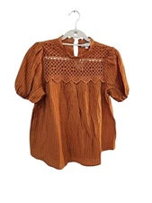 New Anthropologie Mine Womens Orange Lace Plaid Top Size M Boho Casual Summer