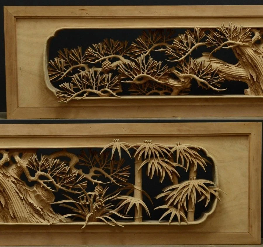 Antiguo par de paneles Ranma japoneses diseño Shikunshi talla en madera de 182 cm de Japón Foto 2 de 4