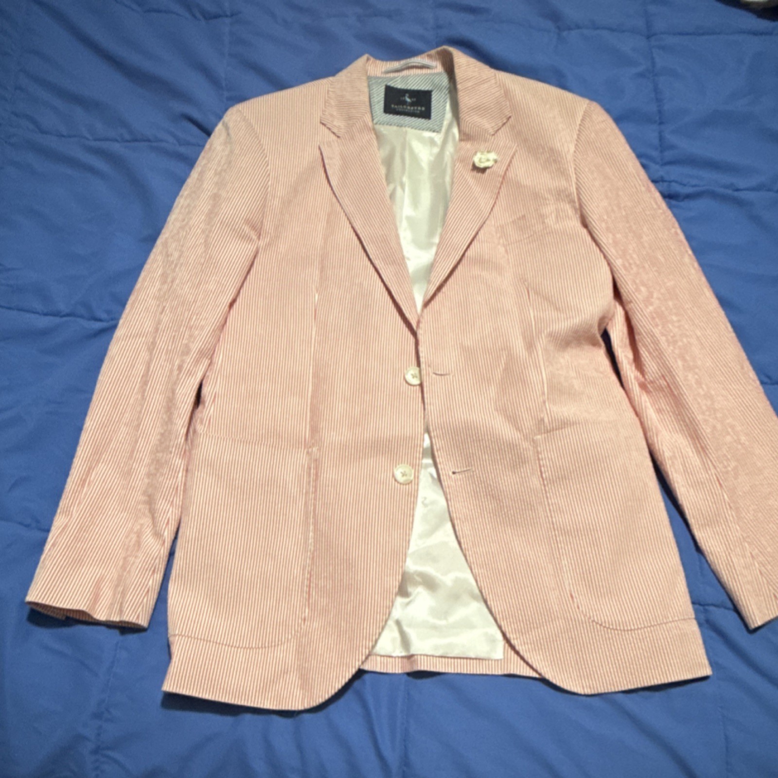Tailorbyrd Red/White Striped Seersucker Men's Sport Coat 36R Two-Button