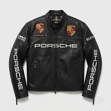 Porsche Black Leather Racing Jacket Mens Vintage Biker Motorsport Gear Porsche Black Leather Racing Jacket Mens Vintage Biker Motorsport Gear