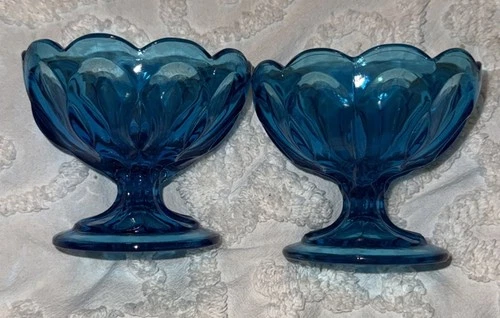 Vintage Anchor Hocking Blue Fairfield Glass Pedestal Dessert Bowls Candy Dishes