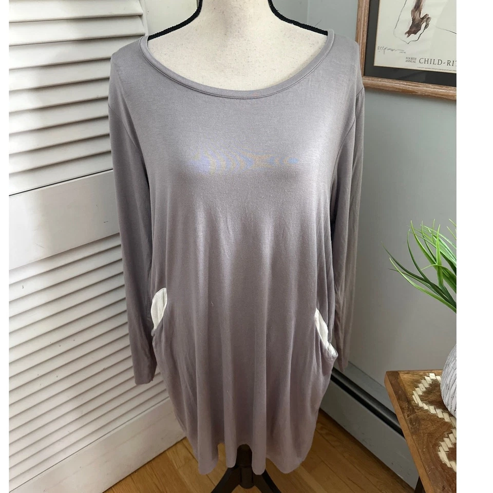 Vestido túnica GOTTEX para mujer gris manga larga jersey bolsillos playa informal L Foto 3 de 4