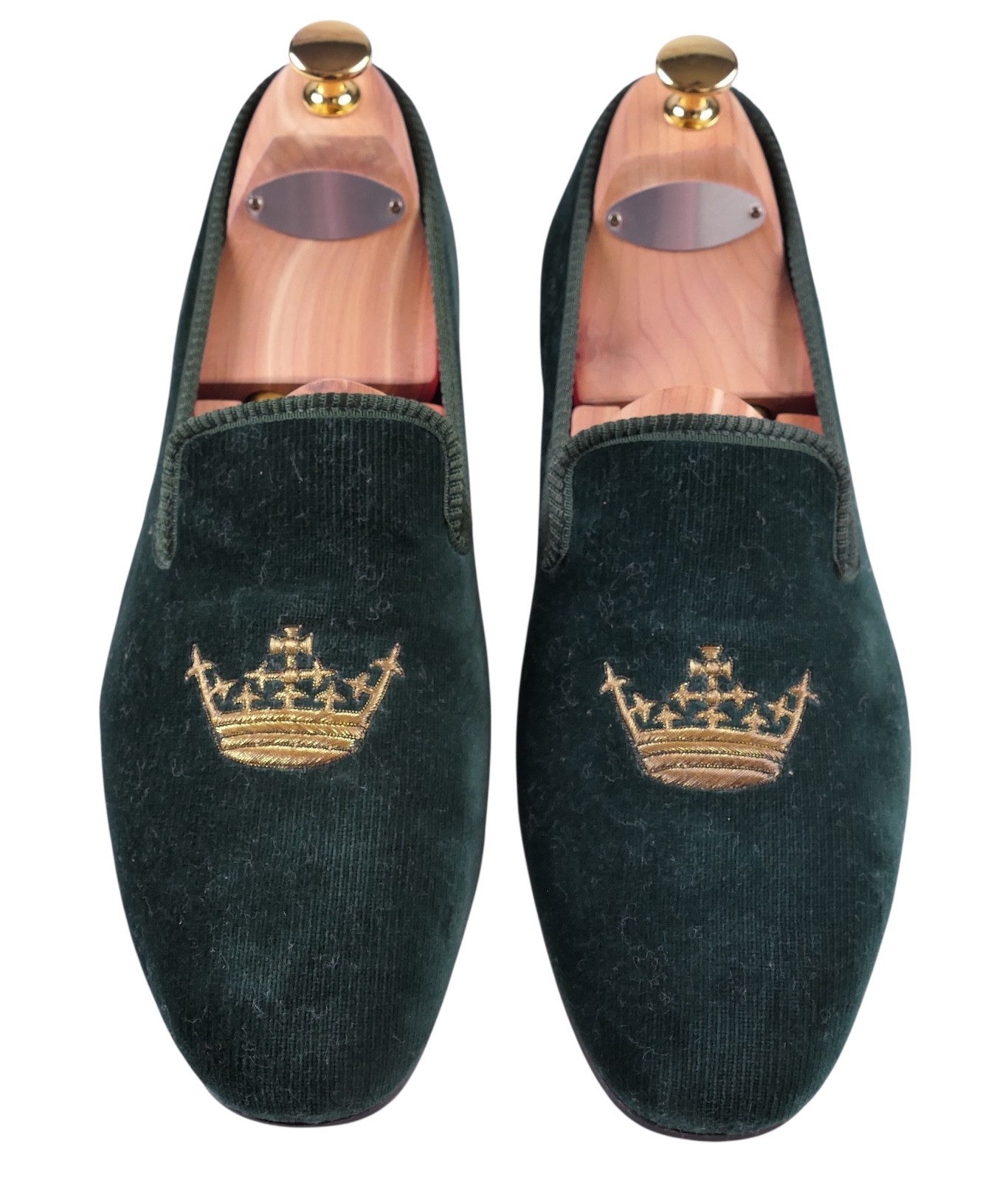 PANTOFOLA D’ORO Pantofole Maus & Hoffman Made in ENGLAND in velluto verde smoking corona oro 9 5