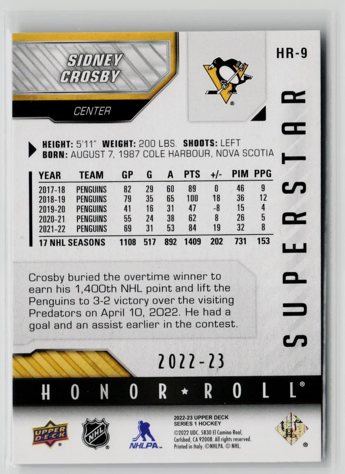 Sidney Crosby - 2022-23 Upper Deck Honor Roll #HR-9 Pittsburgh Penguins - Image 2 of 2