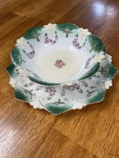 Beautiful Antique MZ Austria Porcelain Scalloped Edge Bowl & Plate Set w Roses 
