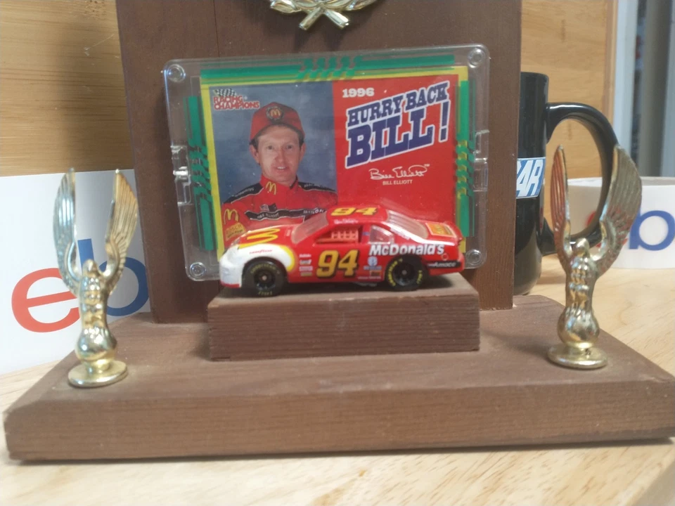 NASCAR wooden trophy stand with a 1/64 diecast #94 McDonald's Bill Elliott Ford - Image 3 of 4