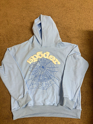 Sp5der Women s Blue Pullover Hoodie L Graphic Spider Web Logo 100% Cotton