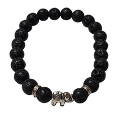 African Inspired Silver Tone Elephant Lava Stone Beaded Charm Bracelet Jewelry