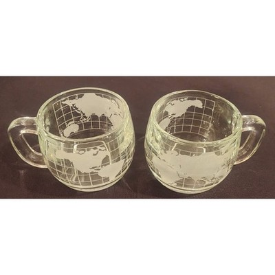 Nestlé World Map Glass Mugs   Set of 2   Vintage Globe Etched Cups