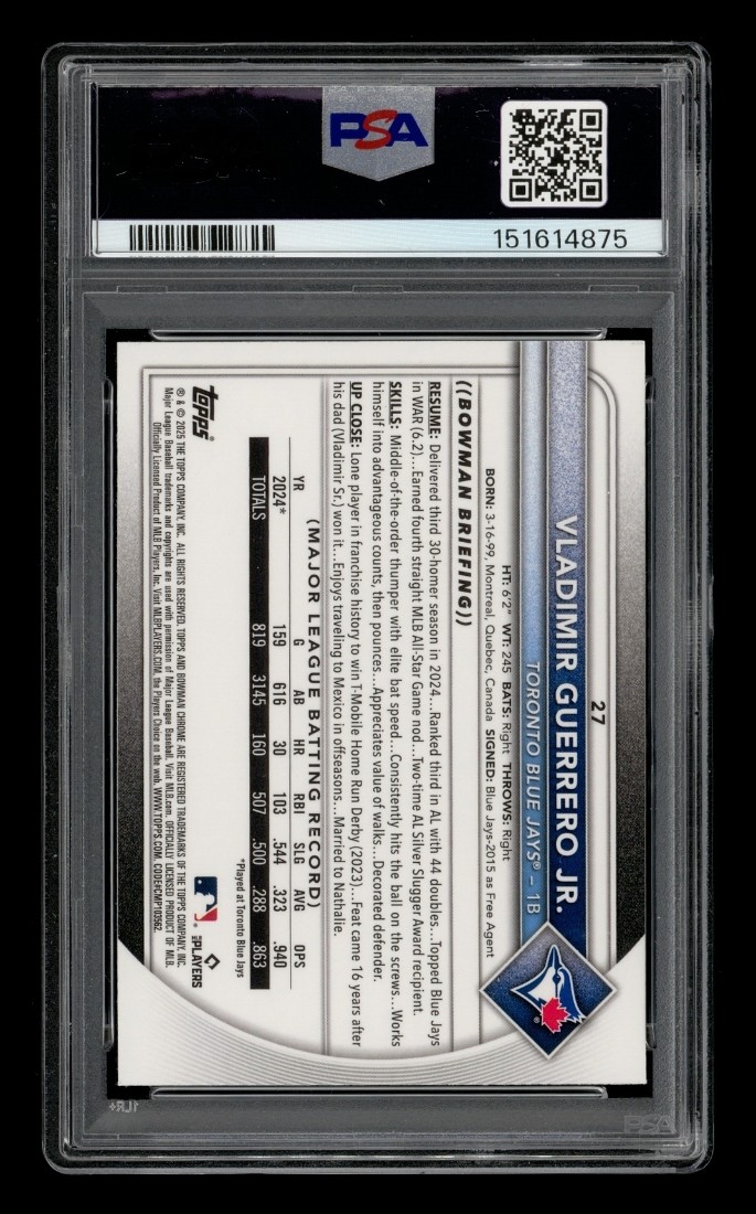 2025 Bowman Mega Box Chr Aqua Refractor: # 27 Vladimir Guerrero Jr. /125 PSA 9 view 2
