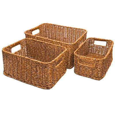 Brown Plastic Wicker Rectangular Storage Baskets Bins Organizers 3 Pack Set