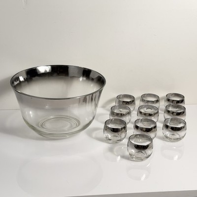 MCM Dorothy Thorpe Style Silver Fade Punch Bowl Set 10 Roly Poly Cups