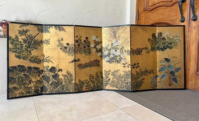 Hand Painted Gold Botanical Folding Screen   6 Panels   12.5''x29.5'' Each  