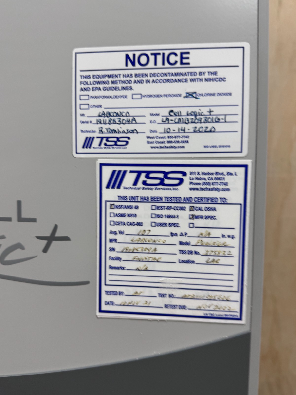 Labconco Purifier Cell Logic+ Class II A2 Biosafety Cabinet w/Temp-Zone + Stand
