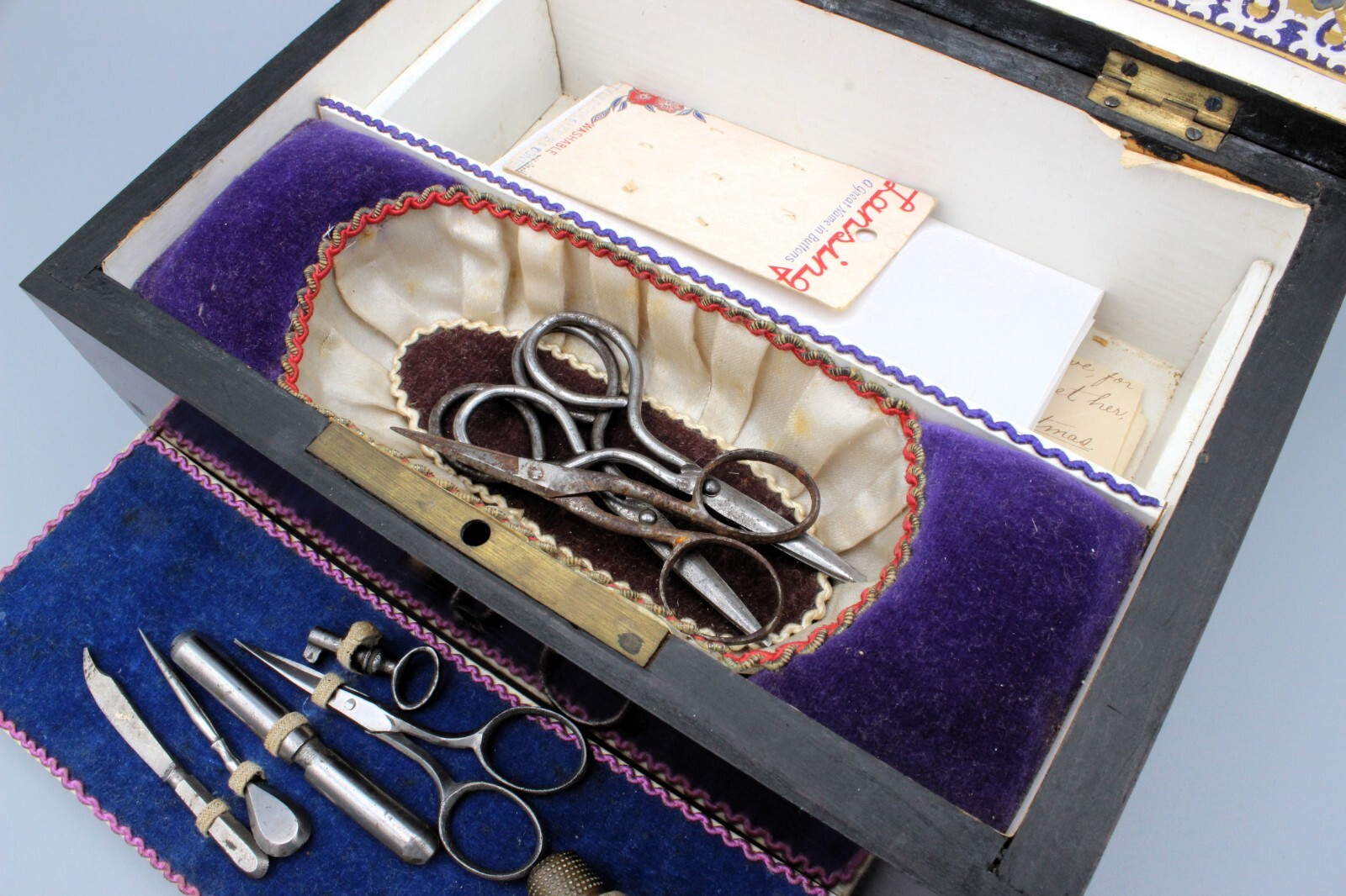 Antique Marquetry Mid-19th Century Victorian Sewing Box & Sewing Accessories F27