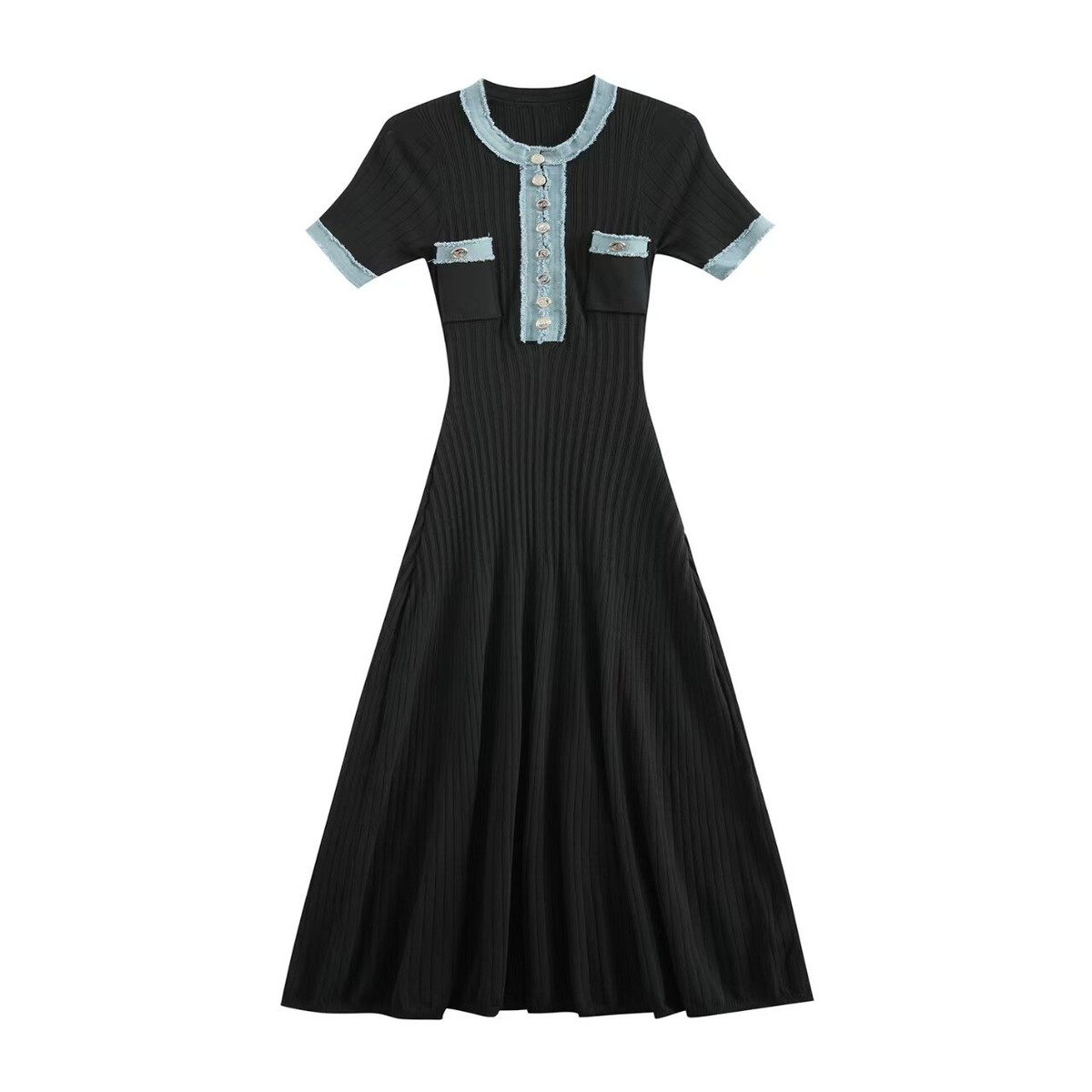 sandro knit and denim dress NEW Sandro Denim patchwork knit Short sleeve long dress Women's