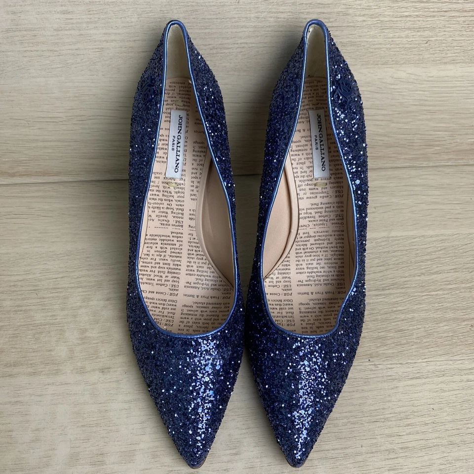 JOHN GALLIANO Blue Metallic Point Toe Slip On Glitter Pumps, Womens Size 40 - Image 4 of 4