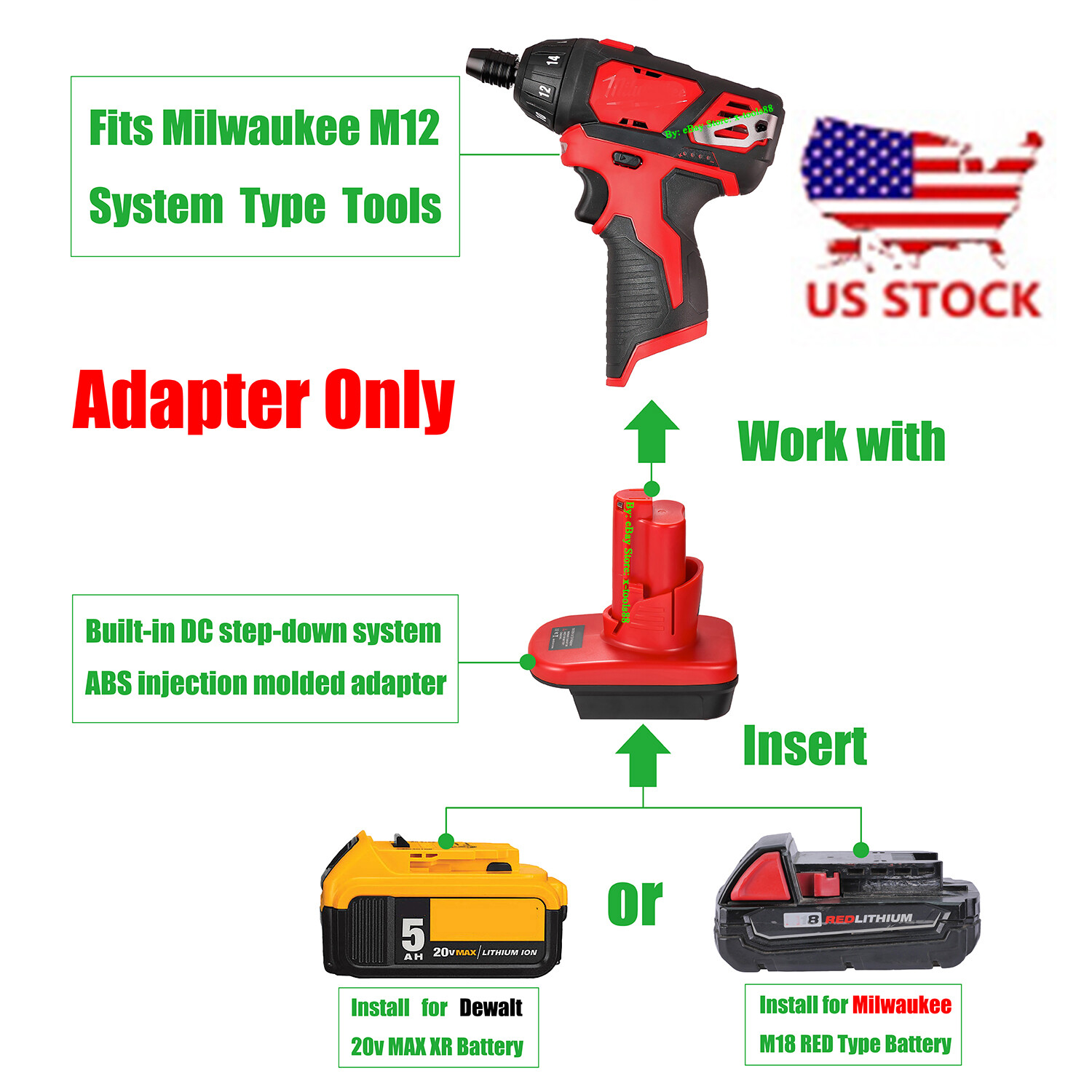 1 Adapter fits Milwaukee M12 Tool To for DeWalt 20v/Milwaukee M18 Li