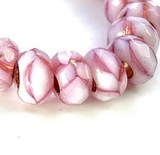 Faceted Pony Beads, 9x6mm, Pink  White w/Copper Lining, 10 Pieces, 112