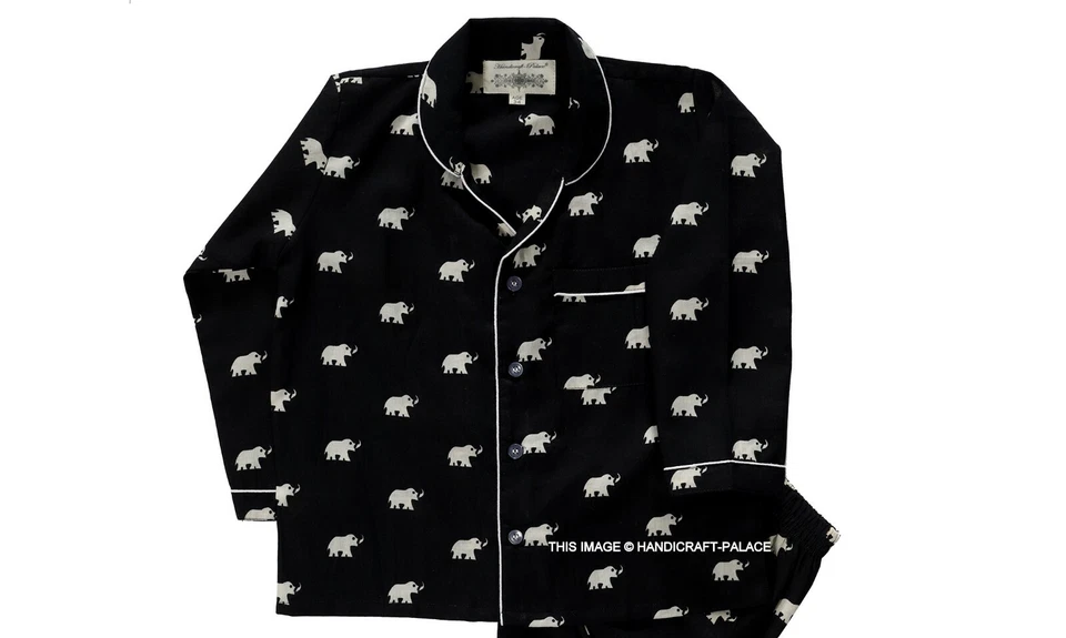 Conjunto de pijama indio de algodón puro para niños ropa de dormir estampada de elefante negro de 1 a 10 años Foto 2 de 4