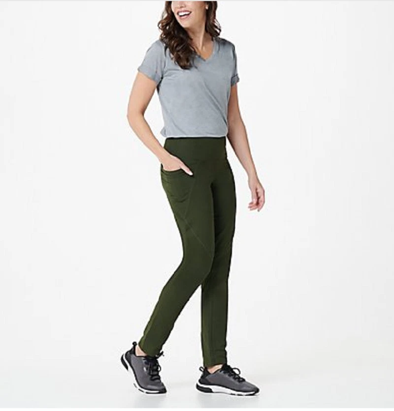 Women with Control Petite Tummy Control Slim-Leg Yoga Pants w/ Pocket Olive