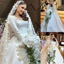 Elegant Satin Wedding Dresses Long Sleeves 3D Flowers With Train Bridal Gowns