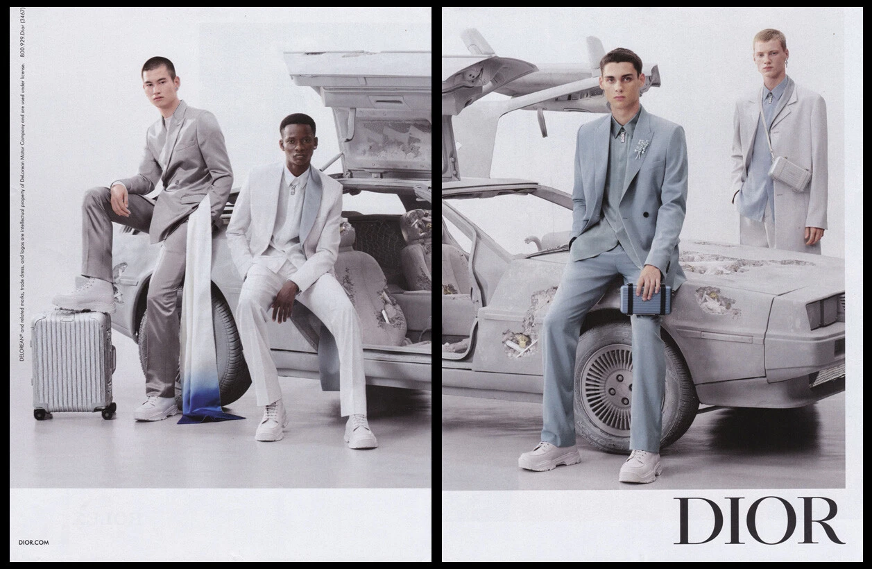 Dior 2 page print ad 2020 destroyed DeLorean gull wing