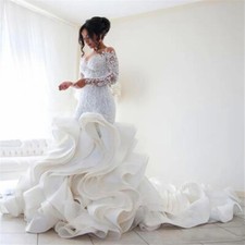 Mermaid Wedding Dresses Long Sleeves Appliques Ruffles Buttons Back Bridal Gowns