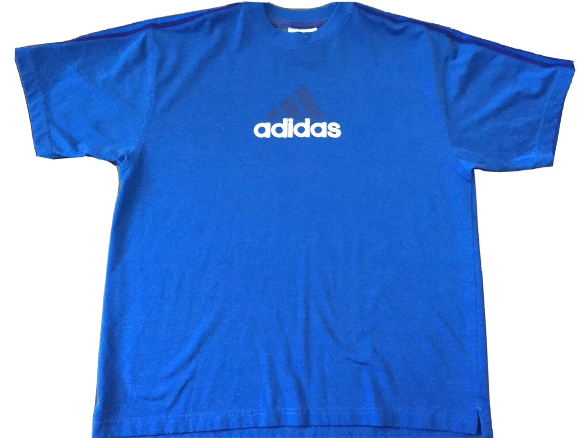 Vintage 90s Adidas Striped Sleeve T Shirt Blue Medium Soccer Spell Out Warm Up