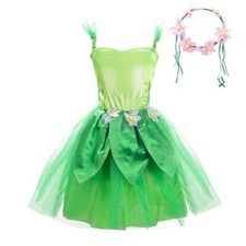 Green Fancy Fairy Costume with Flower Wreath Headband for Toddler Girls Hallo...