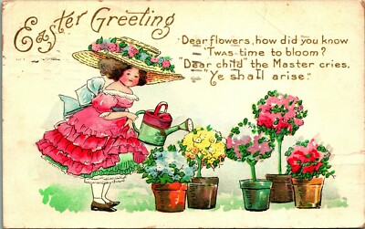 Easter Greeting Watering Flowers Poem Big Hat Embossed DB Postcard E3