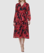 Tommy Hilfiger Women's Red Glitter-Dot Floral V-Neck Self-Tie Dress Size 8