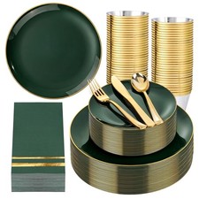 Green Plastic Plates 350pcs Disposable Dinnerware Set Gold Party for 50