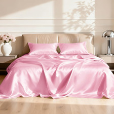 Satin Queen Sheets Set - 4 Piece Pink Silky Bed Sheets Set