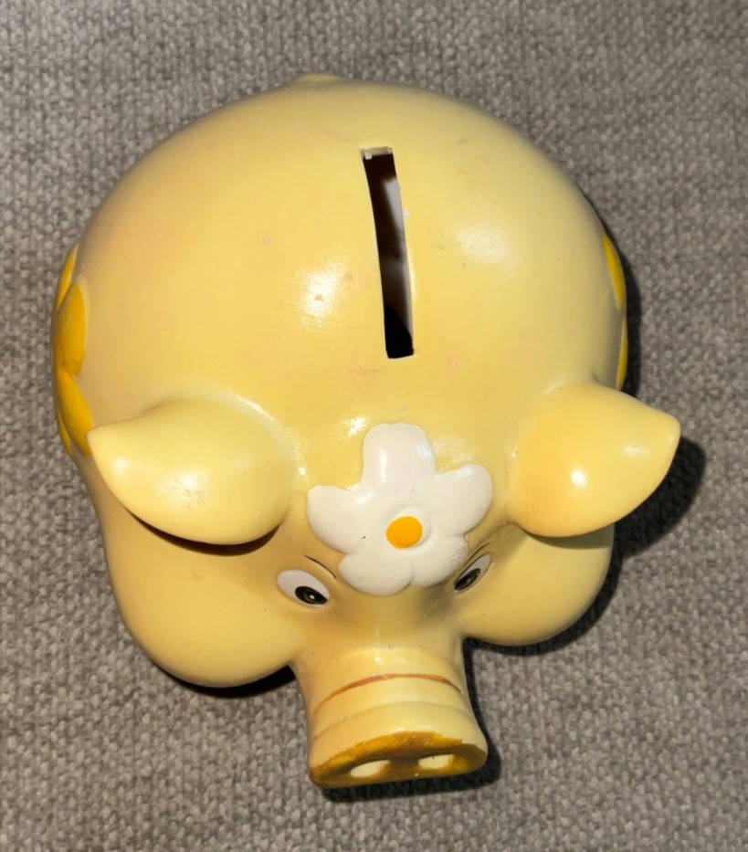 Vintage Ceramic Piggy Bank White Yellow Flowers Retro Daisy NO CHIPS or CRACKS